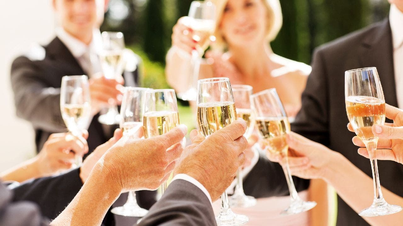 Bride, groom and wedding guests toast drinks
