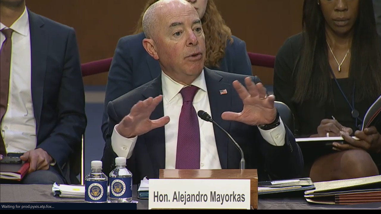 March 28, 2023: DHS Secretary Alejandro Mayorkas answers questions at a Senate Judiciary Committee hearing. (C-SPAN)