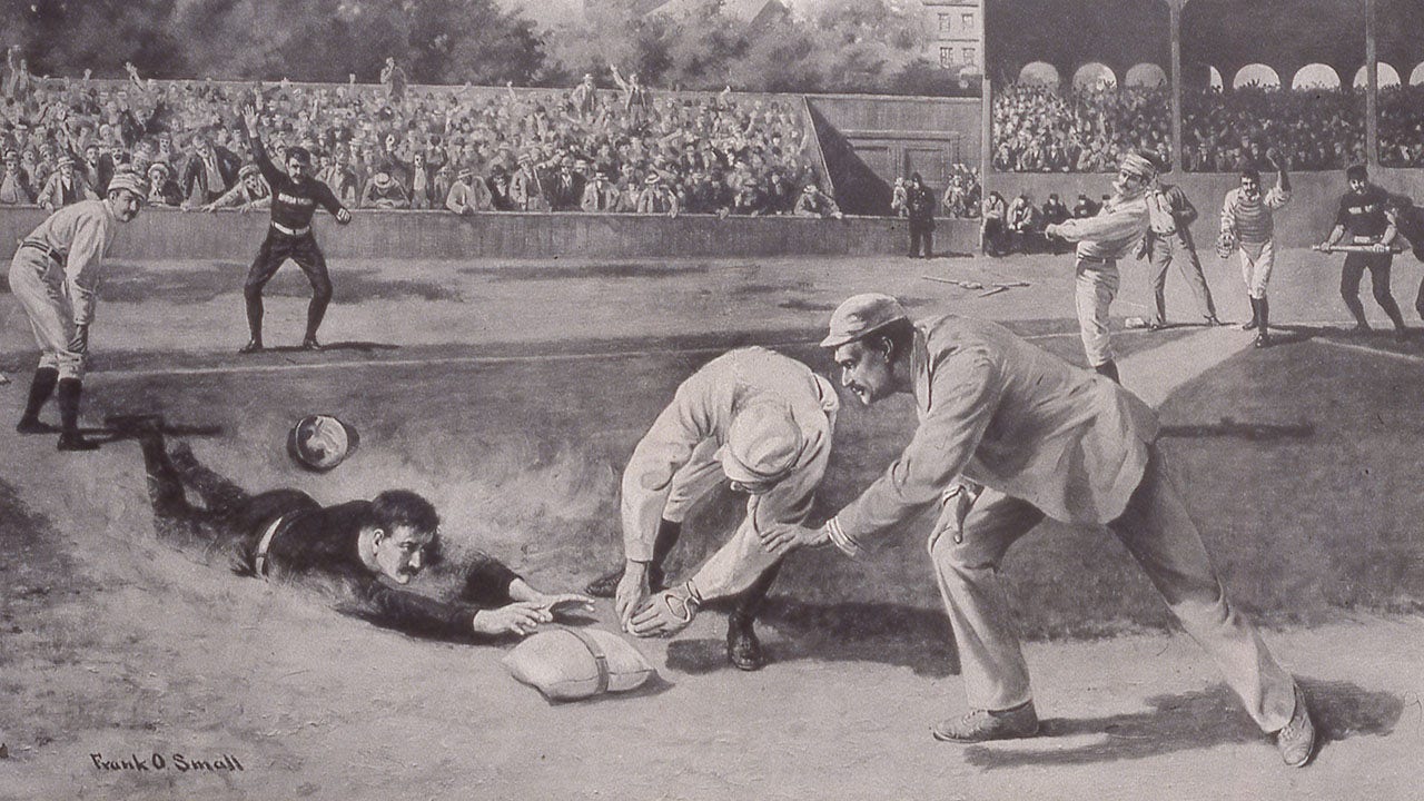 Lithographic print (by Frank O Small) shows American baseball player King Kelly (born Michael Joseph Kelly, 1857-1894), foreground, in black, as he steals second base during a game in Boston, late 1880s or early 1890s. (Transcendental Graphics/Getty Images)