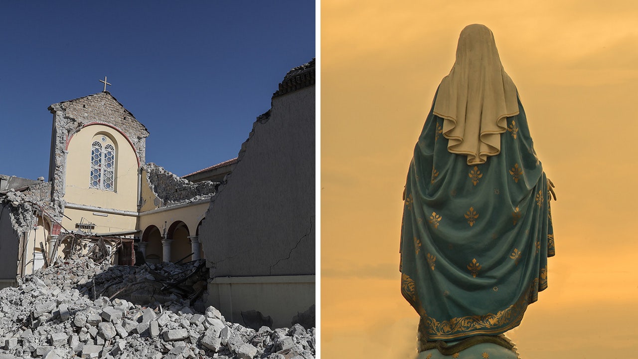 Above left, the Roman Catholic Church of Annunciation (Cathedral of the Annunciation) located in Iskenderun, Turkey, where an earthquake demolished the building. Surviving the quake was a Virgin Mary statue (not pictured). The actual statue is still standing despite the devastation. (Burak Kara/Getty Images/iStock)