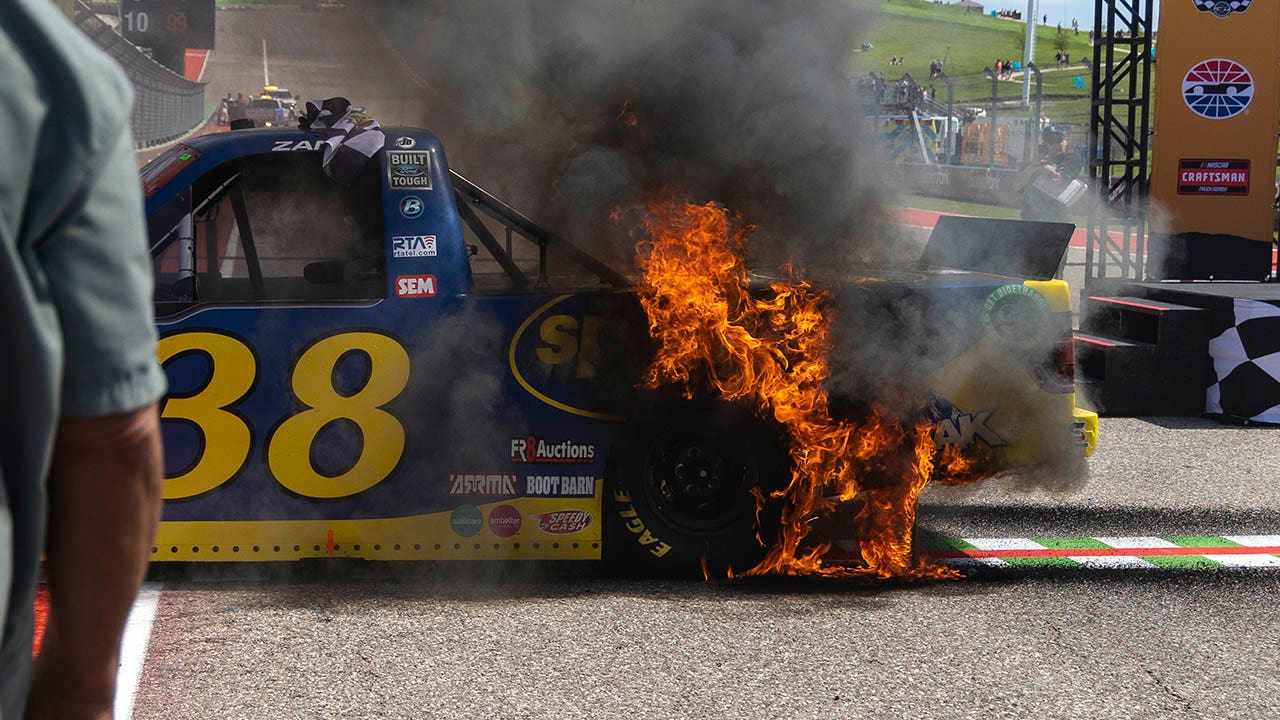Zane Smith’s truck catches fire from celebration burnout after victory