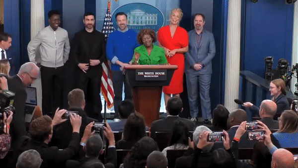 White House Press Secretary Karine Jean-Pierre attempts to speak as reporter Simon Ateba yells about perceived ‘discrimination’ in the press briefing room. 