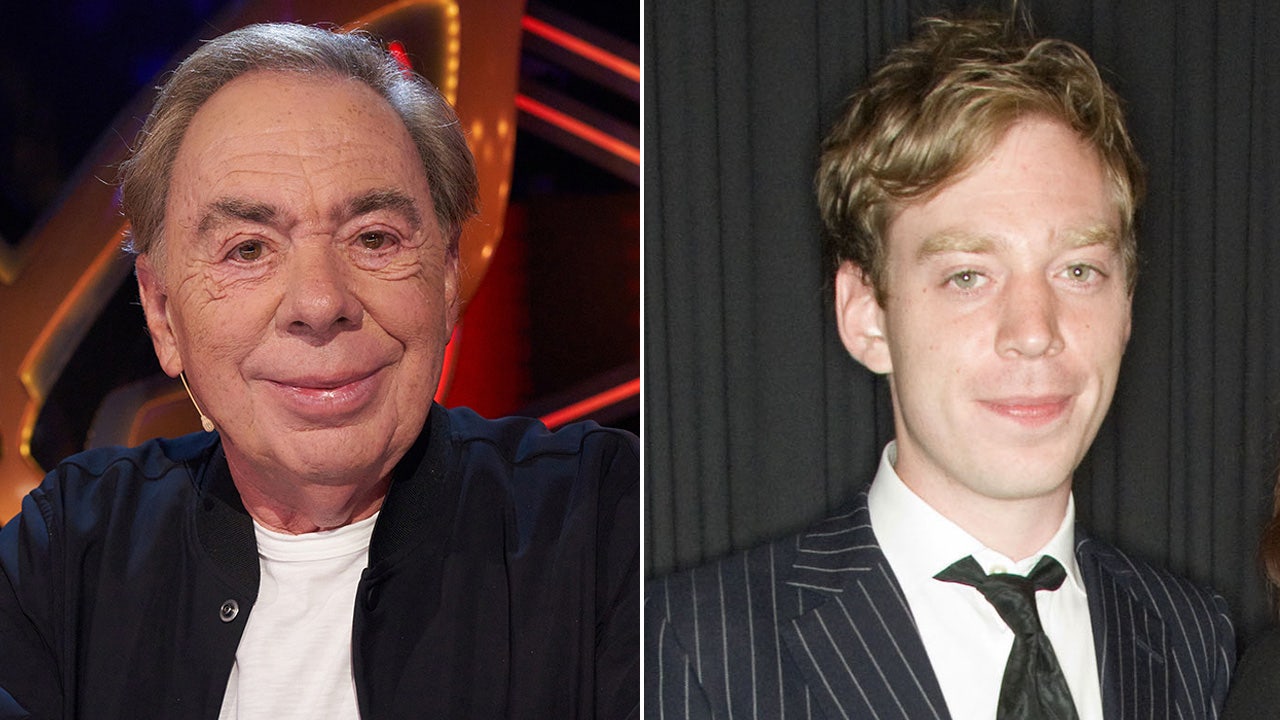 Composer Andrew LLoyd Webber wears white T-shirt next to son Nicholas in suit and tie