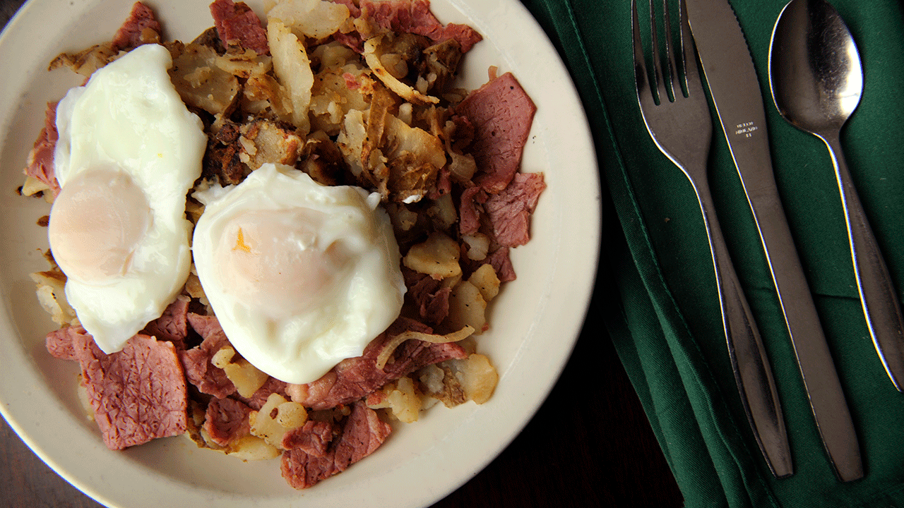 Eggs pair great with a corned beef hash.