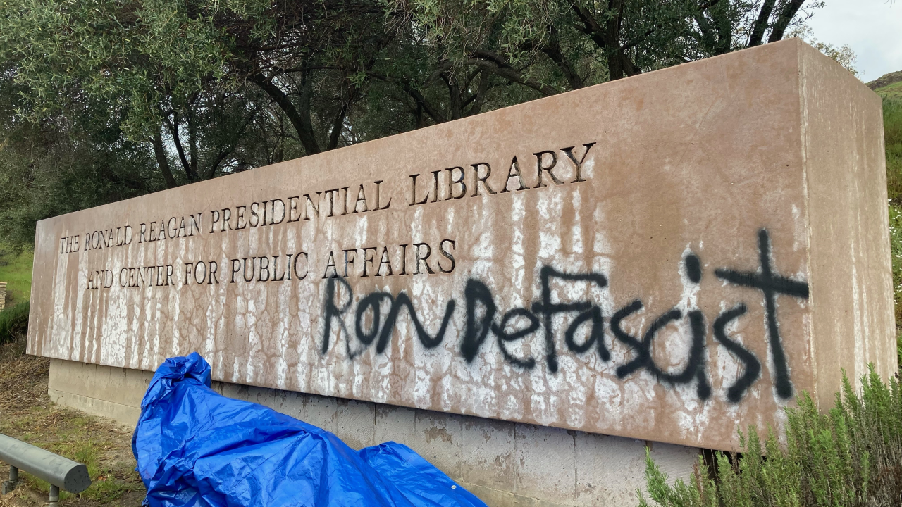Ronald Reagan Presidential Library sign vandalized with graffiti ahead of DeSantis book talk