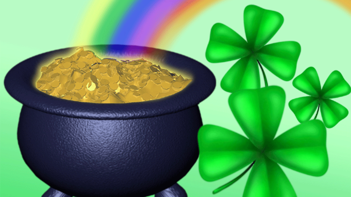 A pot of gold, four leaf clovers and a rainbow