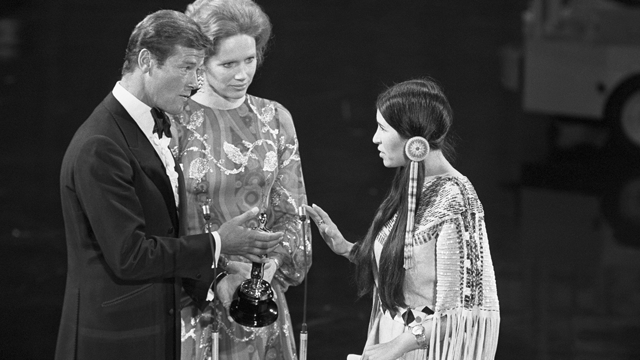 Sacheen Littlefeather, right, declined the best actor award on behalf of Marlon Brando in 1973. 