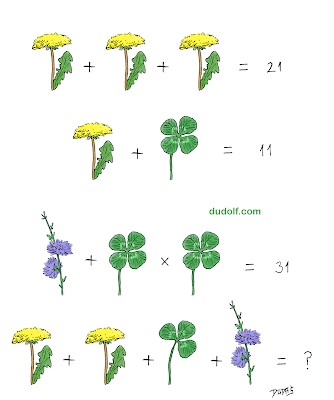 Row 1: Three dandelions added together equals 21. Row 2: One dandelion plus one four-leaf clover equals 11. Row 3: One purple flower plus one four-leaf clover times one four-leaf clover equals 31. Row 4: Two dandelions plus one shamrock plus one purple flower equals X