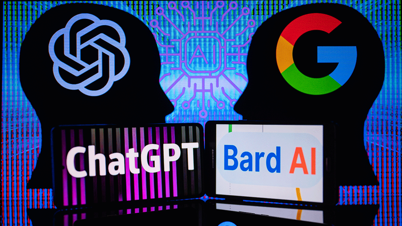 An illustration of ChatGPT and Google Bard logos