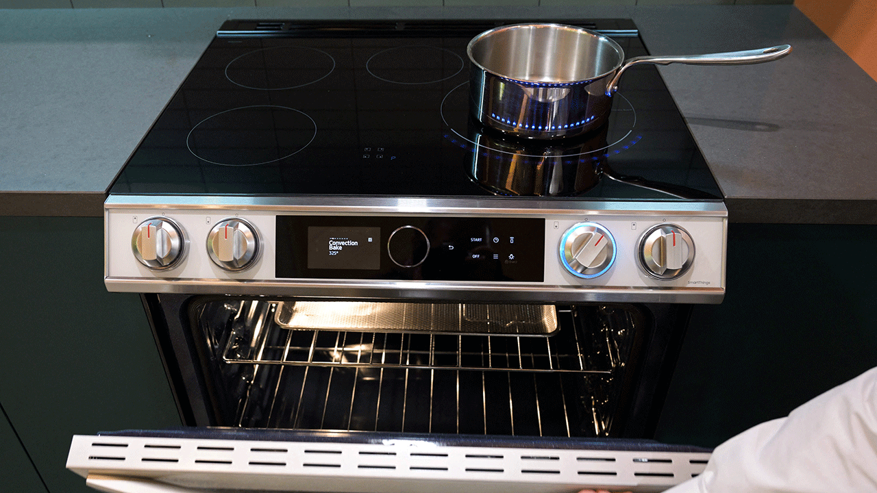 Electric oven with door open and pan on stovetop