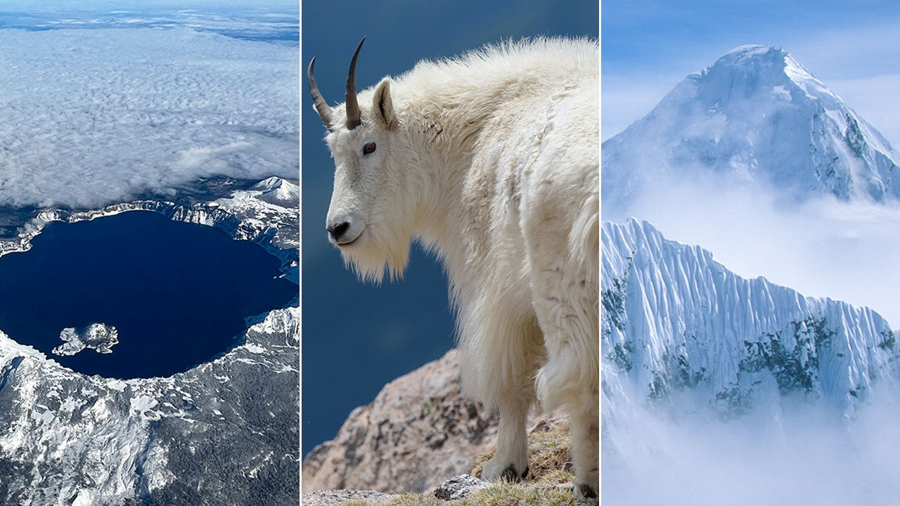 Aerial view of Crater Lake Caldera, Crater Lake National Park, Oregon; a wild mountain goat on a Colorado mountain peak; and mountaintops in St. Elias National Park and Preserve, Wrangell Mountains, Wrangell, Alaska. (Getty Images/iStock)