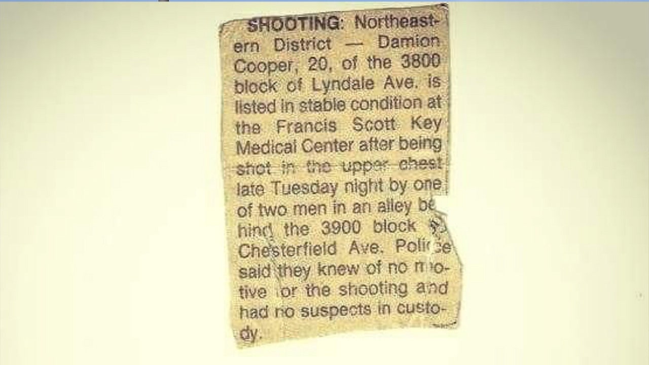 A news clipping documents Damion Cooper's 1992 shooting