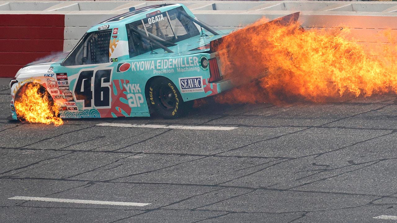 NASCAR driver Akinori Ogata’s truck goes up in flames during practice round