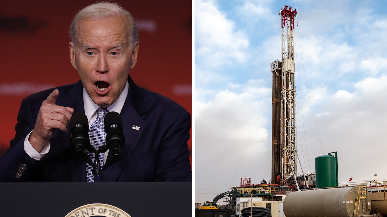 Präsident Biden ist in einer Fotoillustration neben einer Ölbohrinsel abgebildet.
