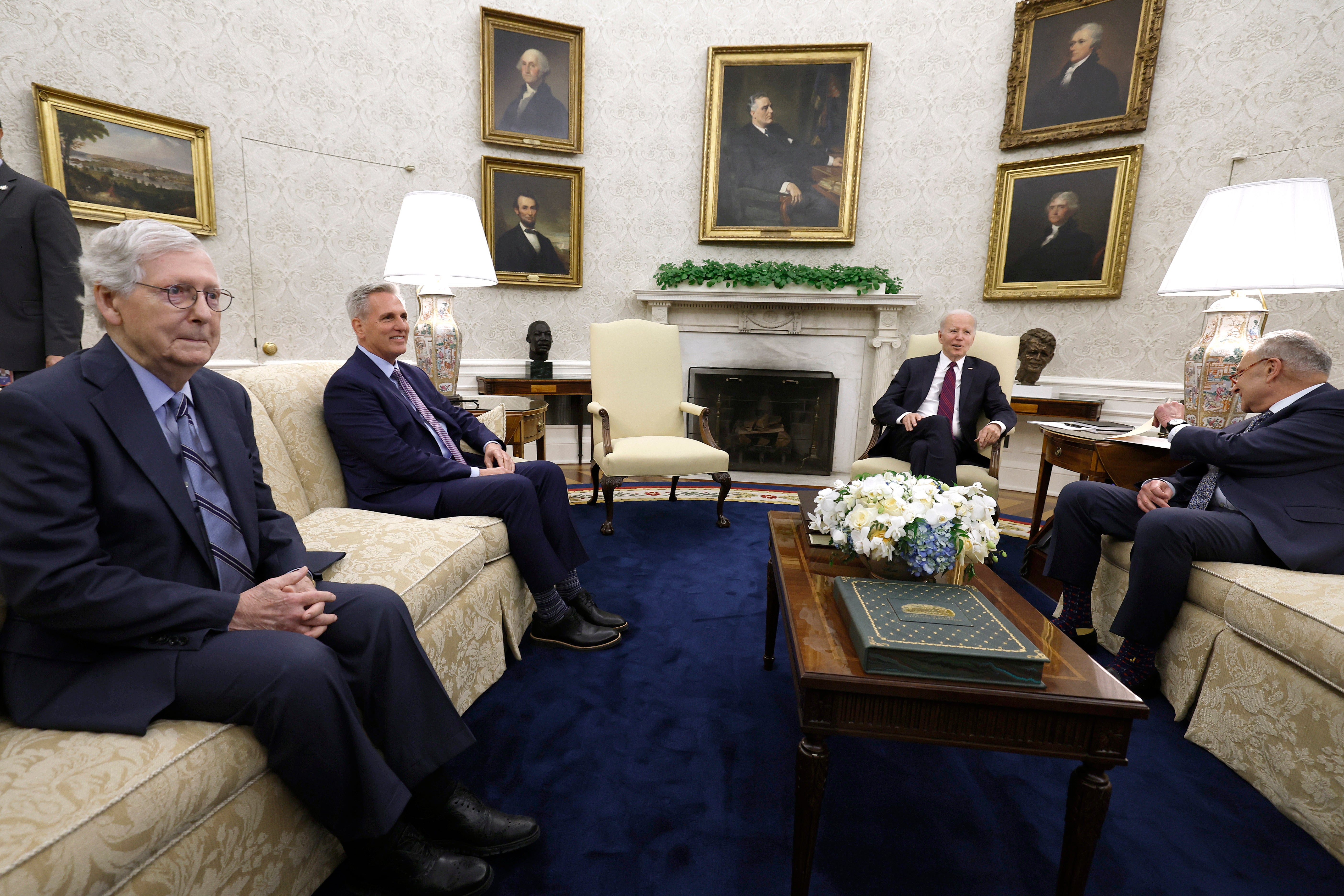 U.S. Senate Minority Leader Mitch McConnell (R-KY), Speaker of the House Kevin McCarthy (R-CA), President Joe Biden, and Senate Majority Leader Chuck Schumer (D-NY) meet in the Oval Office of the White House on May 09, 2023 in Washington, DC. The Congressional lawmakers met with the President to negotiate how to address the debt ceiling before June 1, when U.S. Treasury Secretary Janet Yellen warned Congress that the United States would default on their debts. (Photo by Anna Moneymaker/Getty Images)