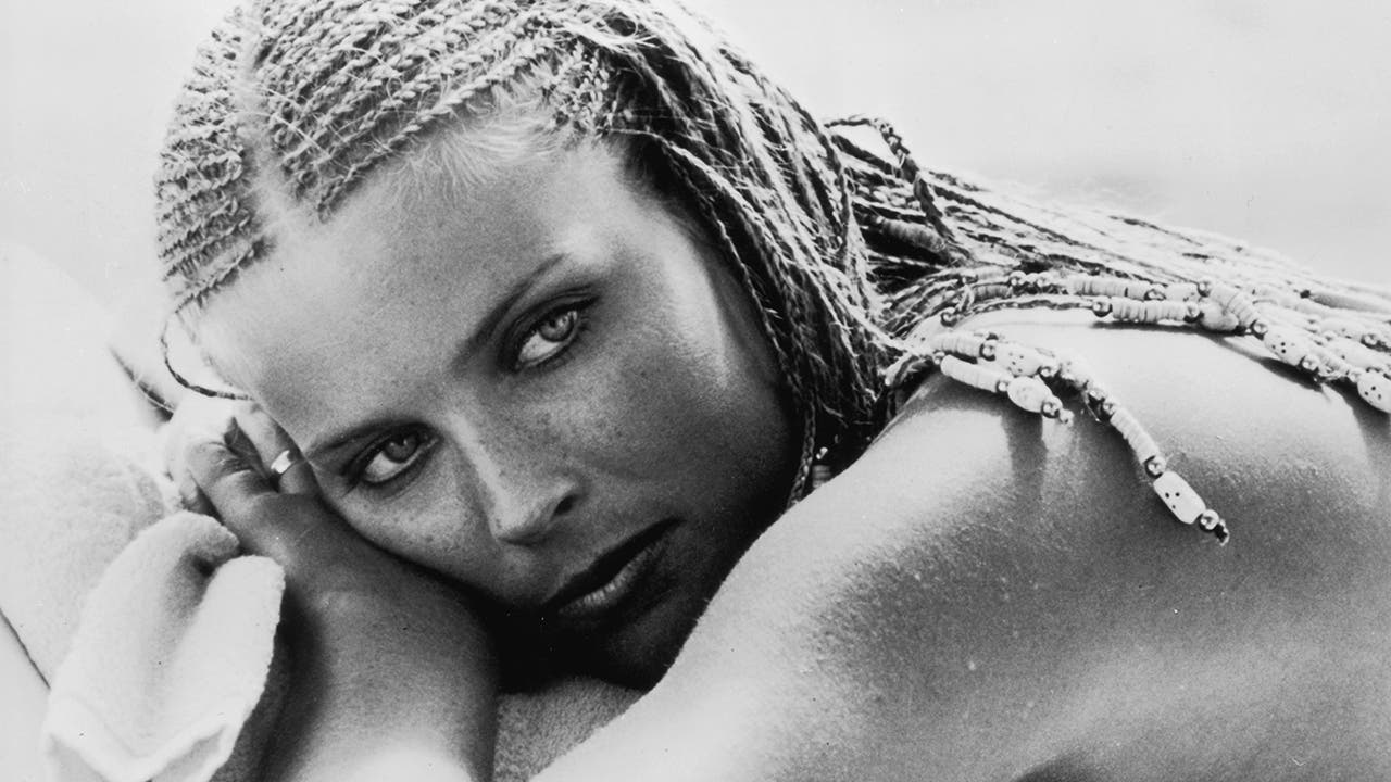 black and white photo of Bo Derek in the movie 10