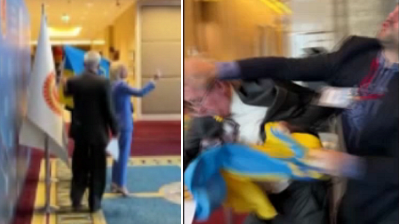 Video shows Ukrainian delegate punching Russian official who grabbed flag |  Fox News