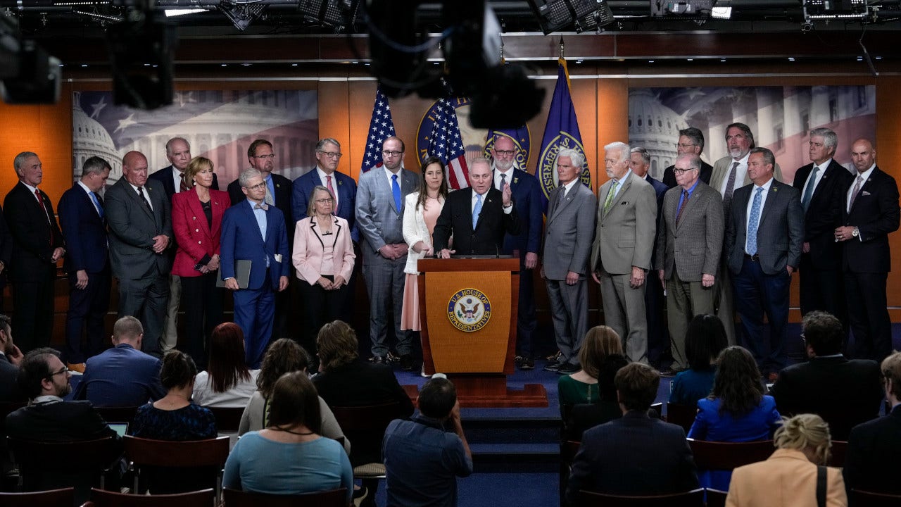 Republican lawmakers hold a press conference after their caucus meeting to discuss the debt ceiling deal