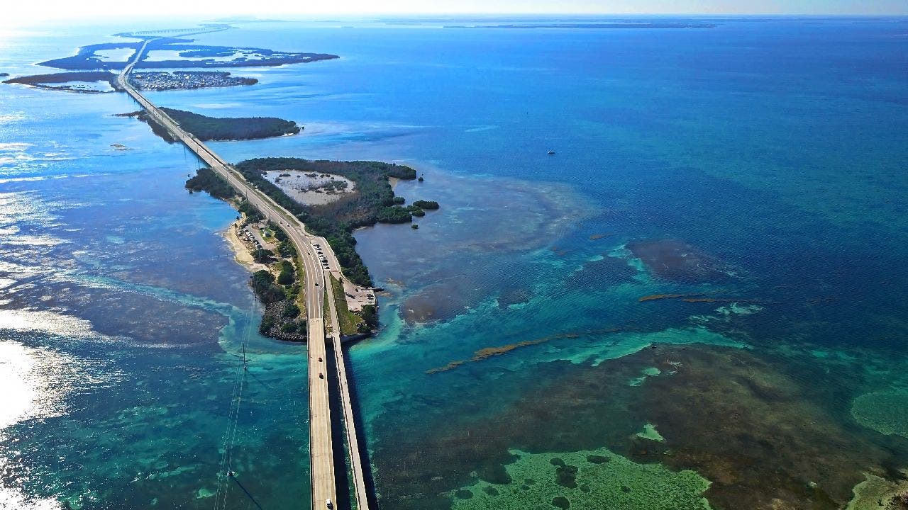 Drone shot of the Seven Mile Bridge in the Florida Keys.