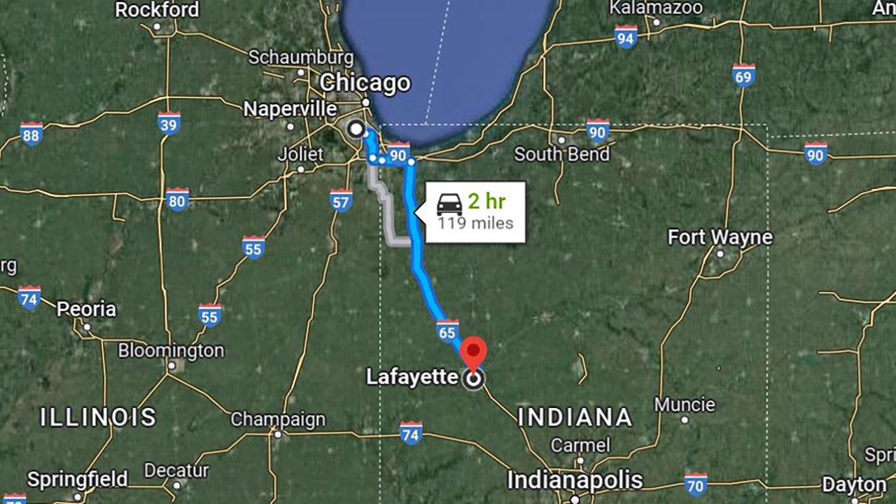 A map of Lafayette, Indiana to Cook County, Illinois