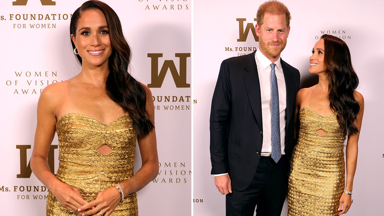 Meghan Markle sports tight gold dress with keyhole cut-out alongside Prince Harry at gala