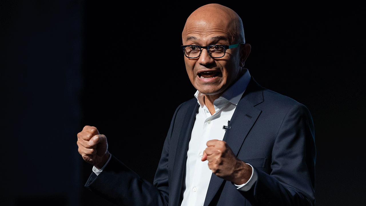 Microsoft CEO Satya Nadella giving a speech