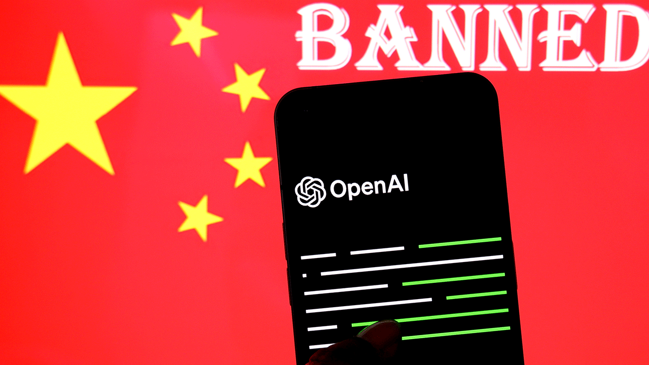 An illustration with the OpenAI logo and a Chinese flag in the background