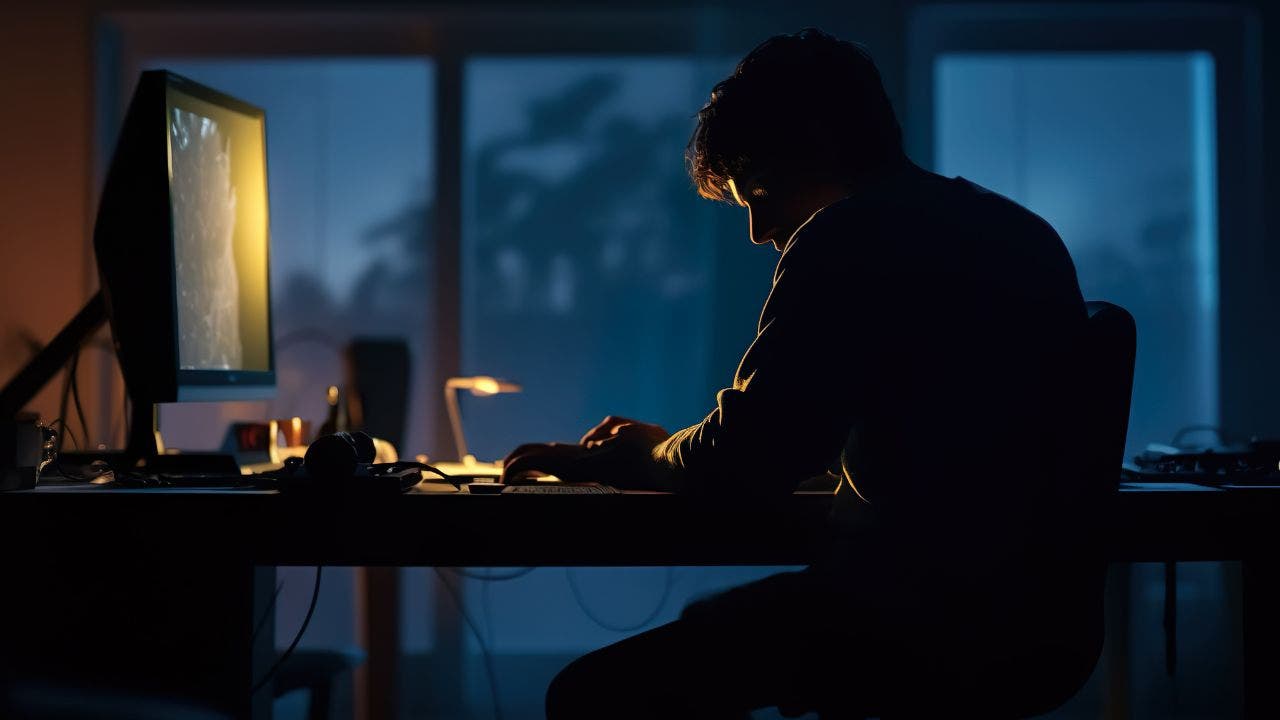 Man sitting in the dark looking at his desktop.