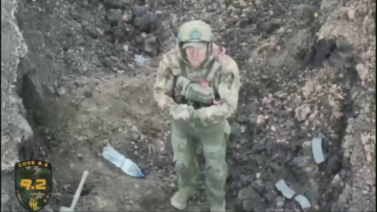 A Russian soldier was seen surrendering to a Ukrainian drone May 9, 2023, in edited video released by Ukraine's 92nd Mechanized Brigade. (Ukraine's 92nd Mechanized Brigade)