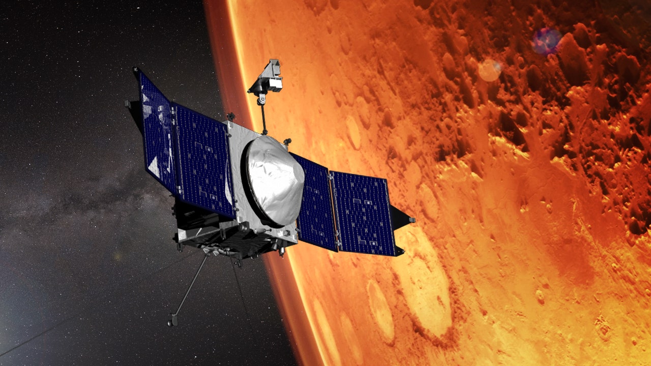 Een illustratie toont het MAVEN-ruimtevaartuig en de ledemaat van Mars