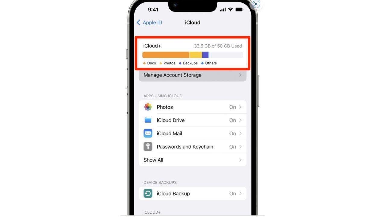Image of iCloud storage space on an Apple iPhone