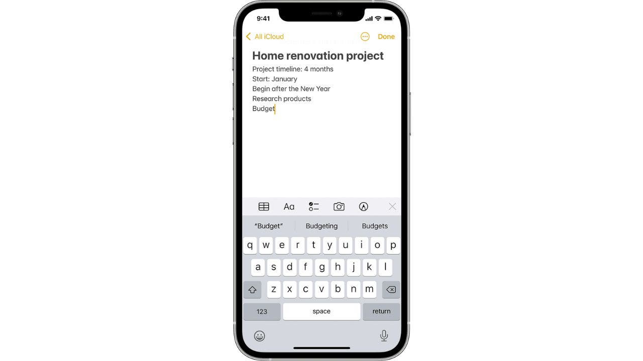 Projet de rénovation domiciliaire affiché sur l'application iPhone notes