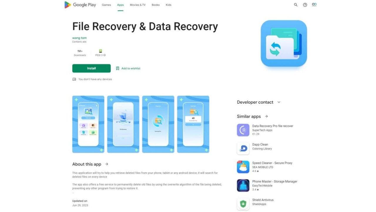 Capture d'écran de l'application File Recovery & Data Recovery sur le Google Play Store.