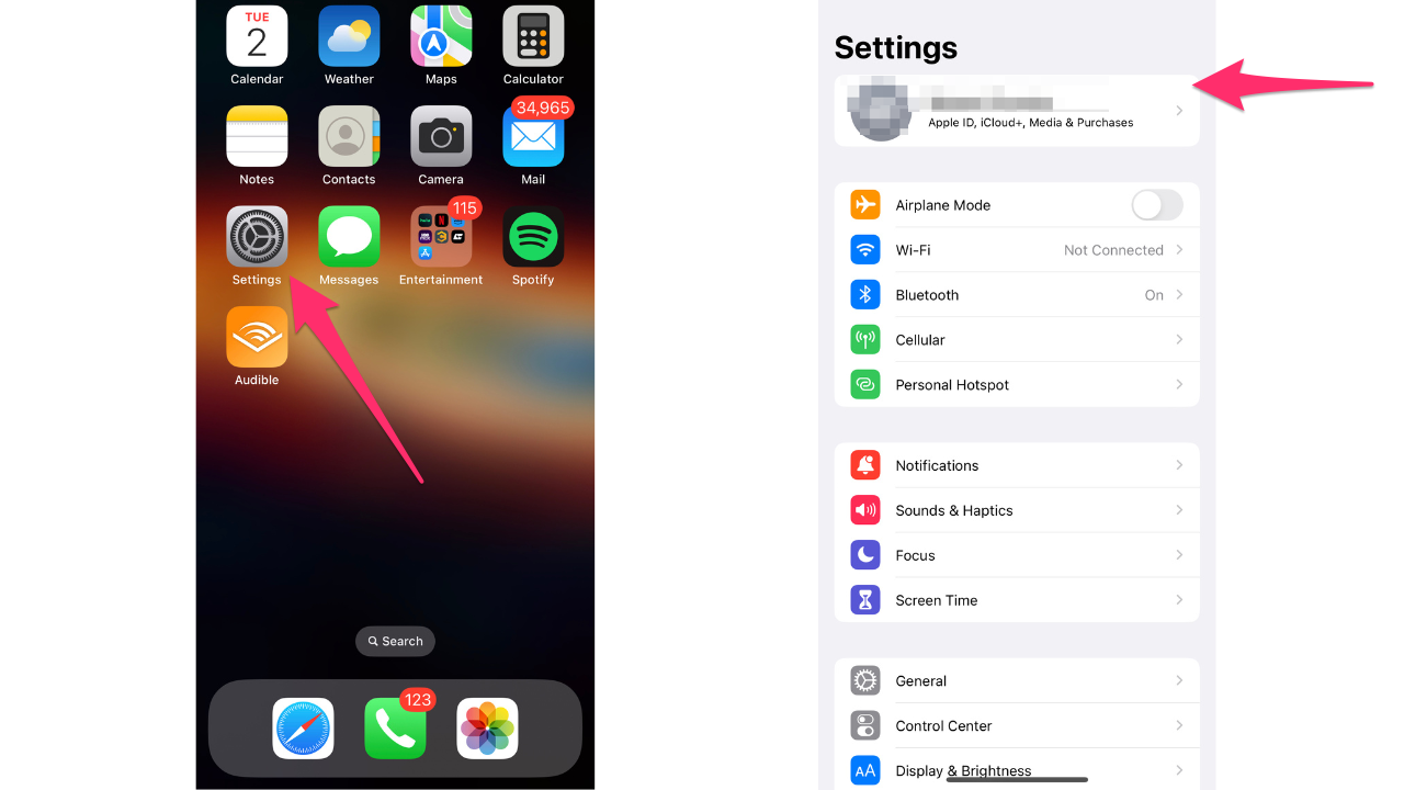 Red arrow pointing to settings on the iPhone to optimize storage