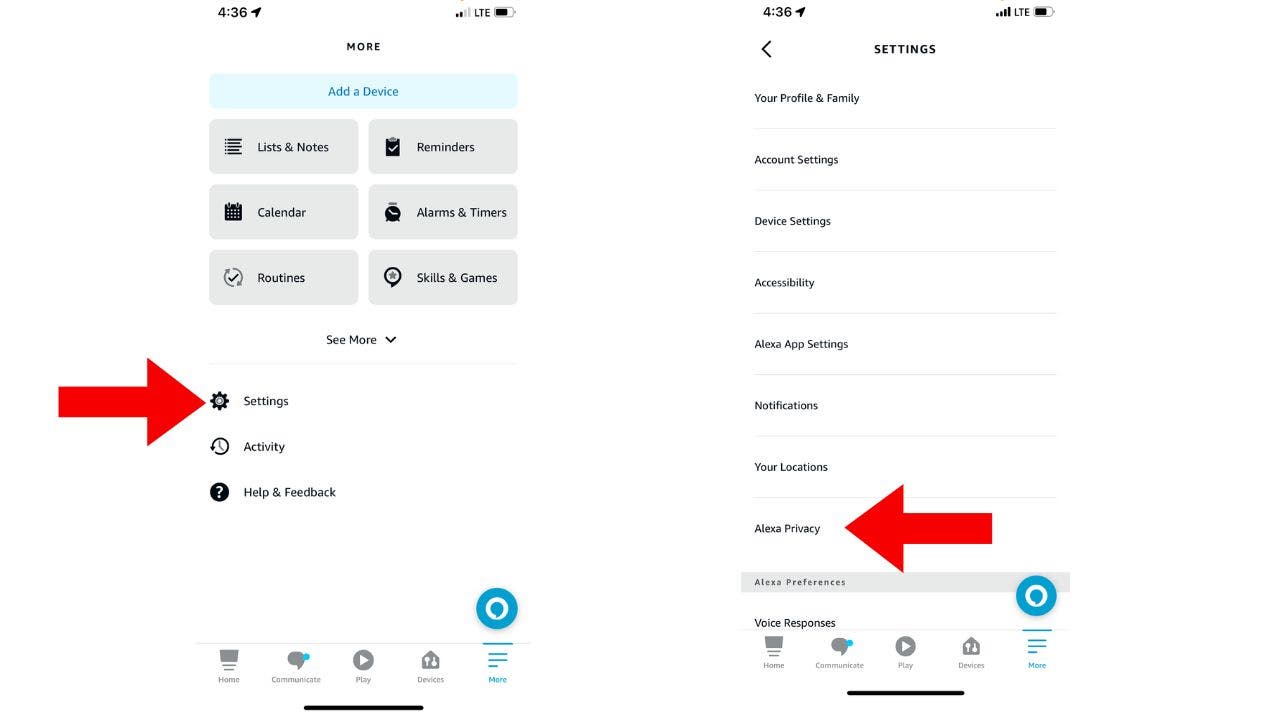 Screenshot of Amazon Alexa app settings and then Alexa Privacy