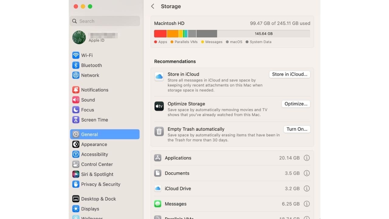 Mac desktop storage settings screenshot