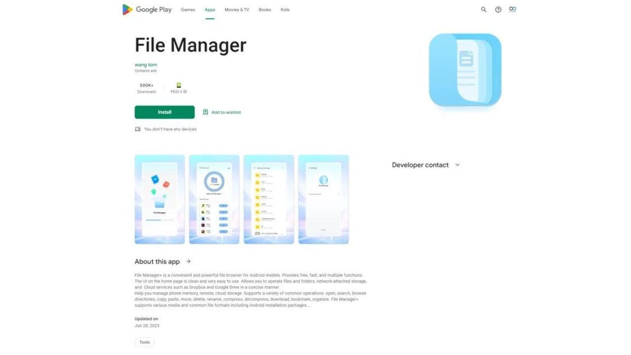 Capture d'écran de l'écran du gestionnaire de fichiers dans la boutique Google Play.
