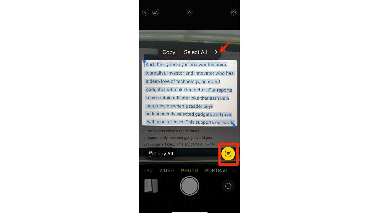 Capture d'écran de l'application appareil photo sur un iPhone.
