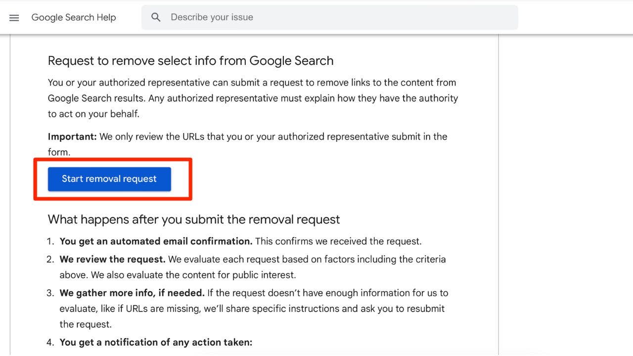 Desktop screenshot of removal request