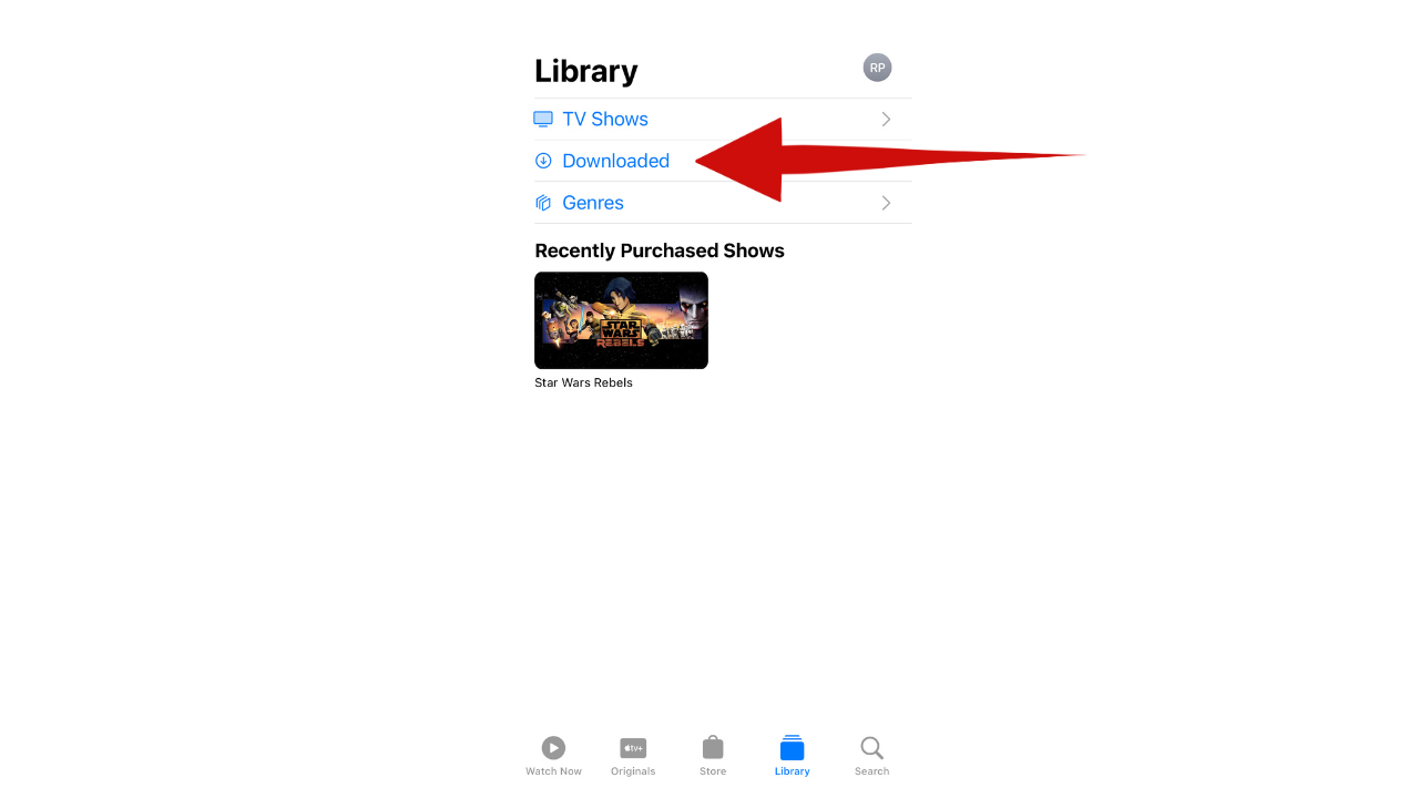 Red arrow pointing to Library tab in Apple TV app on an iPhone