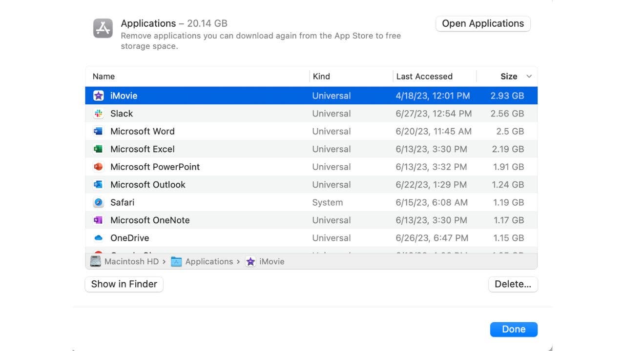 Screenshot der Apps-Einstellungen auf dem Mac-Desktop löschen