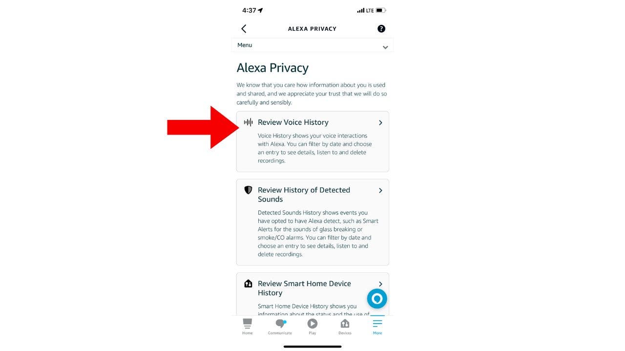 Screenshot of Alexa Privacy where you can delete recordings and see stored data