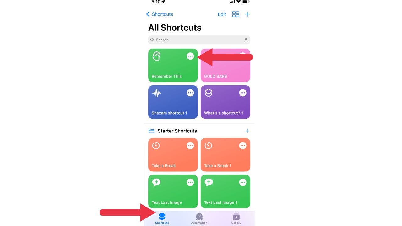iPhone shortcuts page