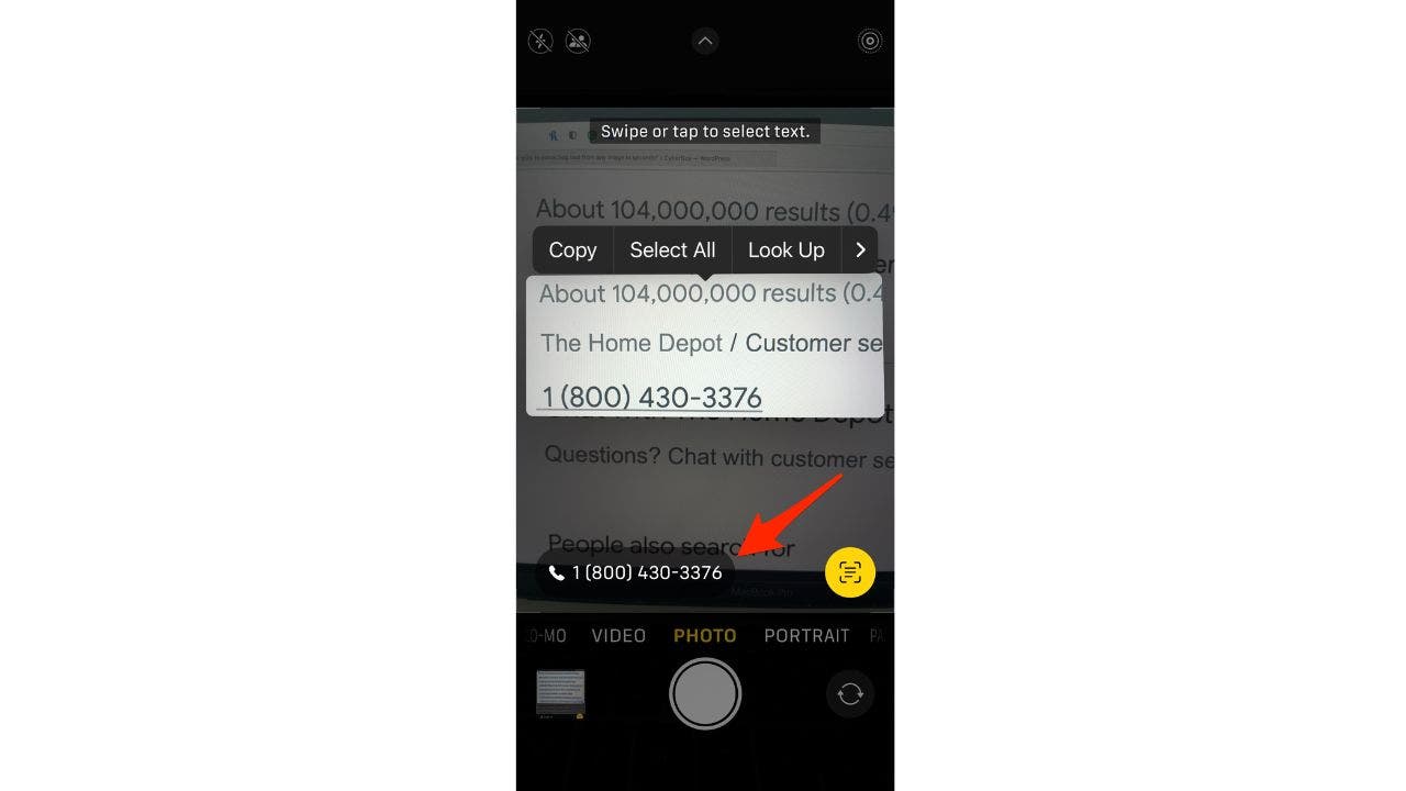 Capture d'écran affichant l'option Live Text.
