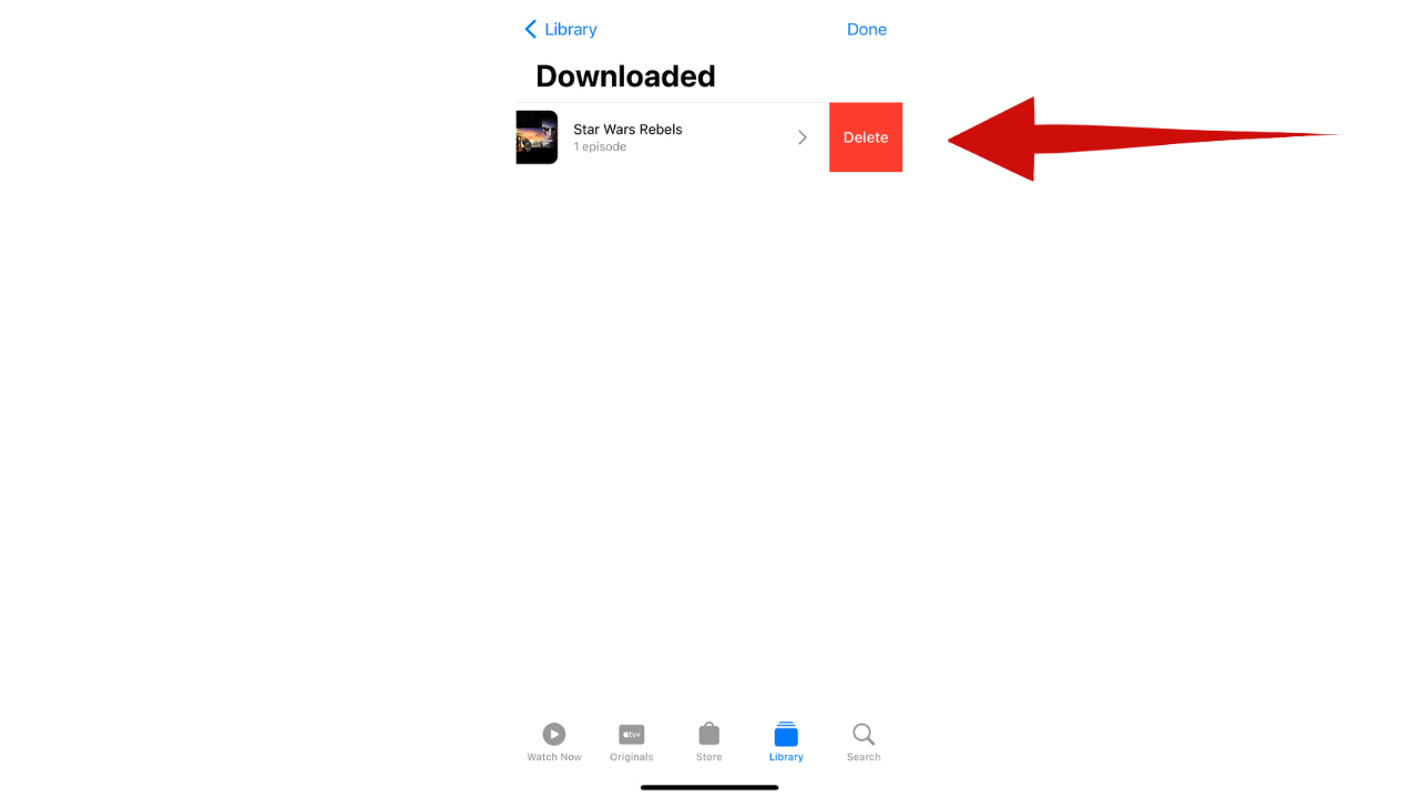 Red arrow pointing to the "delete" button to get rid of movies on your iPhone