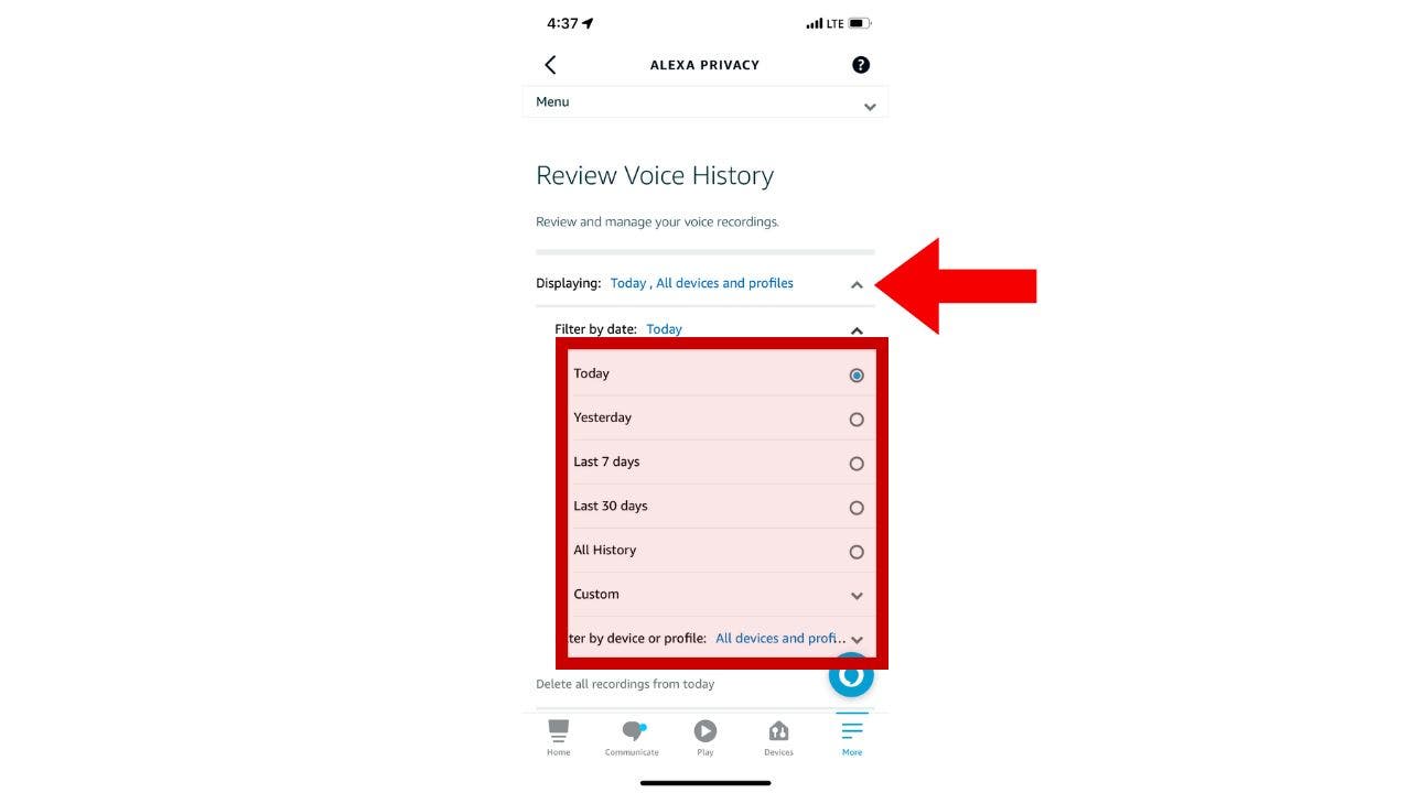 Screenshot of Review Voice History on Amazon Alexa app, click how far back you want to delete recordings