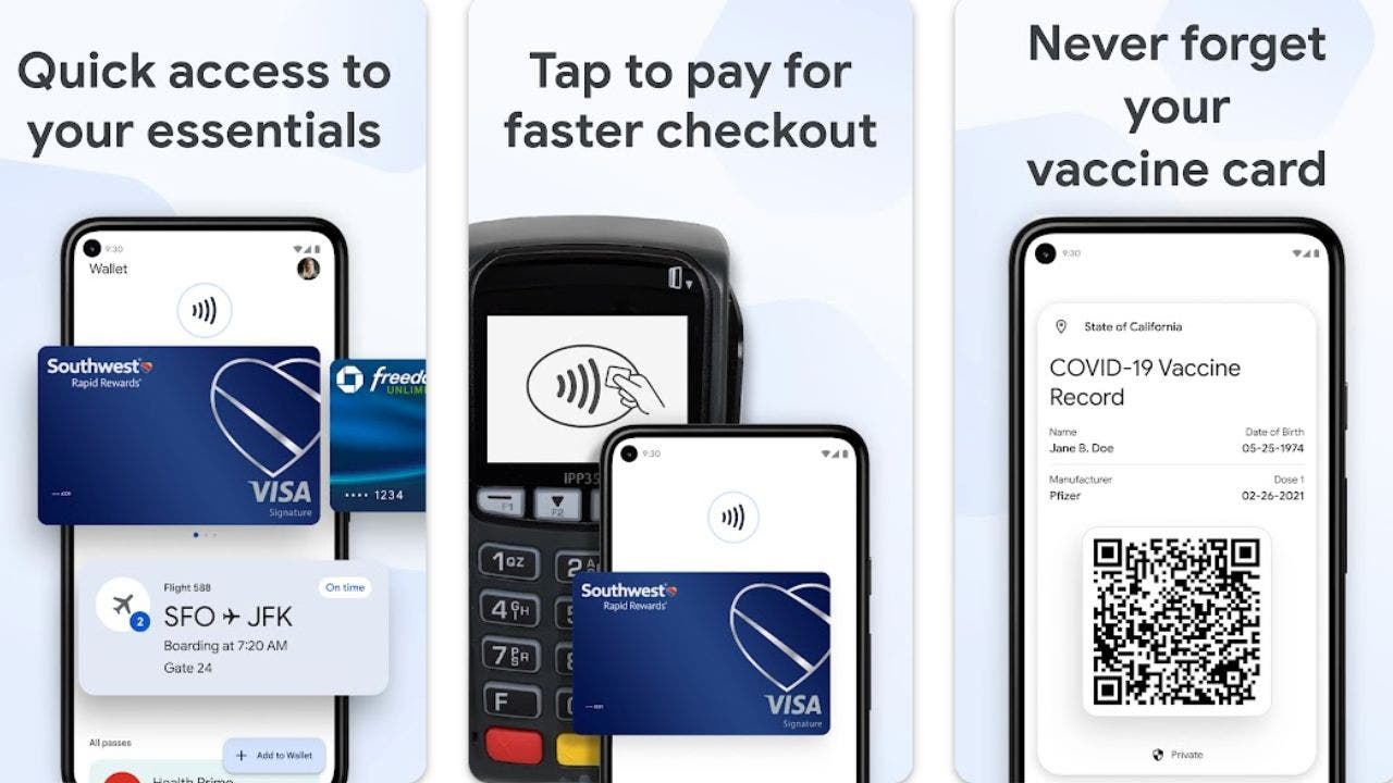 L'application Google Wallet affichée sur un appareil Android avec différentes fonctionnalités, y compris des cartes et des laissez-passer de santé