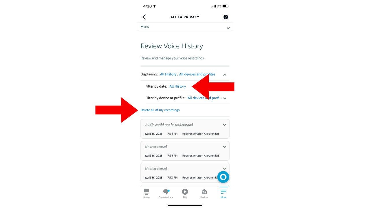Screenshot of going to 'Filter by date,' 'All History,' and 'Delete all of my recordings'