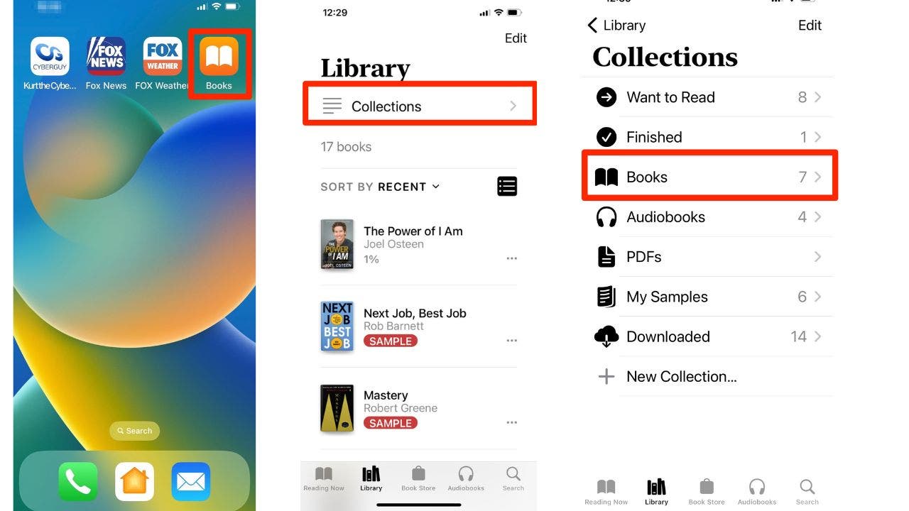 Go to books app, collections, books, to open up books to delete in Library app on iPhone