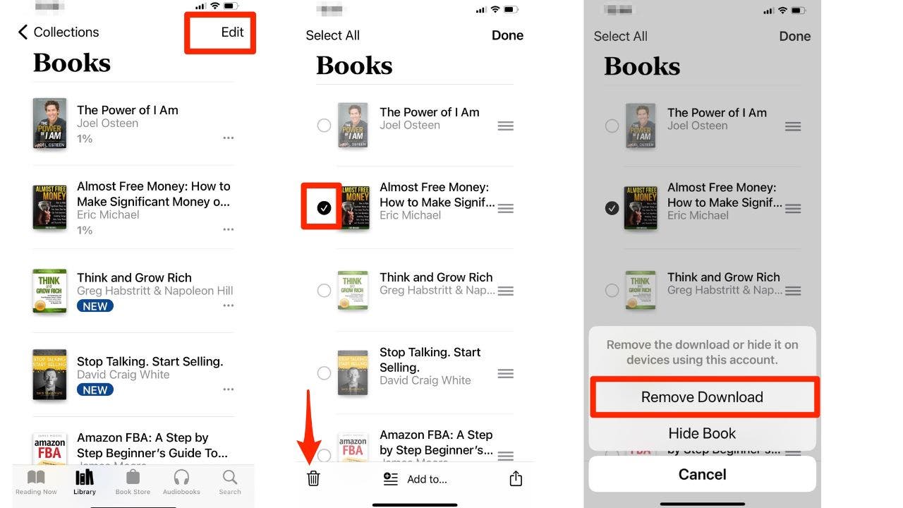 Go to edit, select the book(s) you want to delete and then remove them